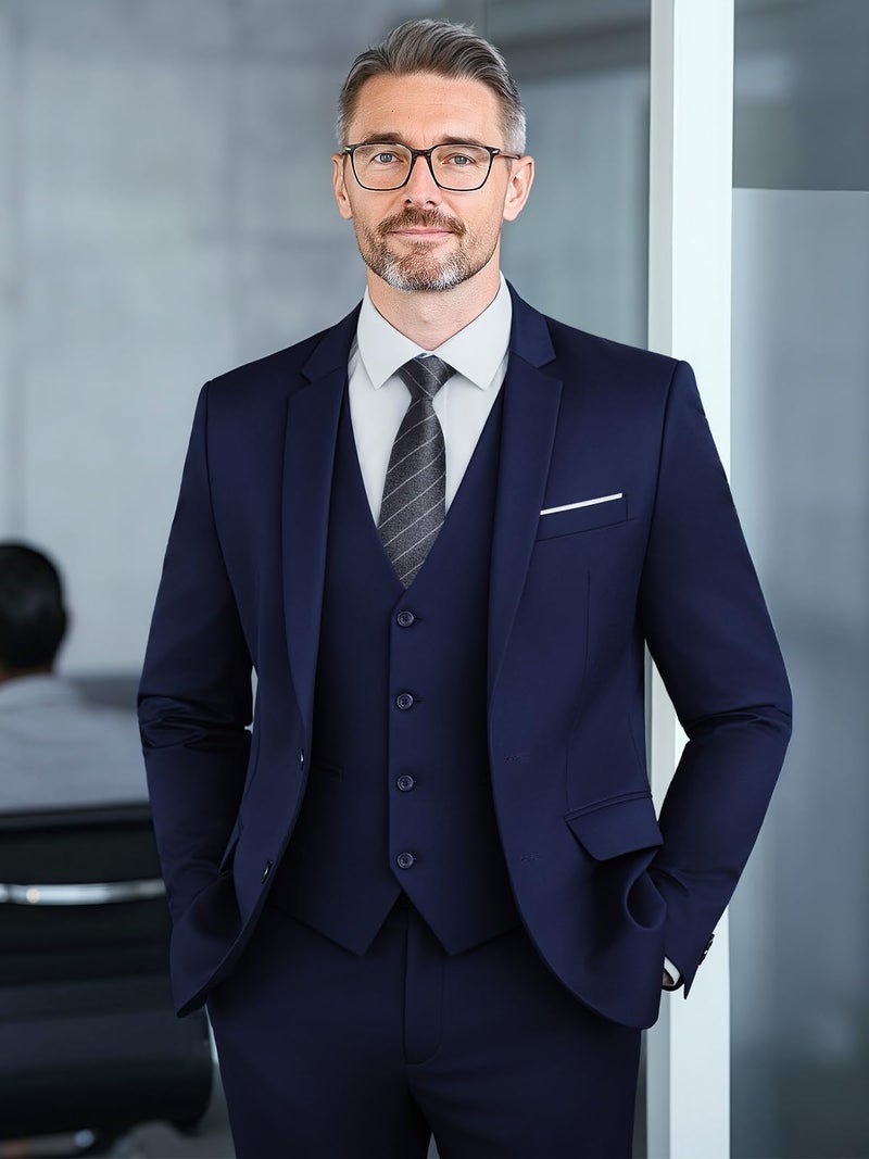 WEEN CHARM بدلات WEEN CHARM للرجال، مجموعة بدلة ضيقة مكونة من 3 قطع مع سترة زرقاء داكنة ذات زرين، صدرية، بنطلون، بدلة رسمية لحفلات الزفاف، الحفلات، الأعمال - Image 2